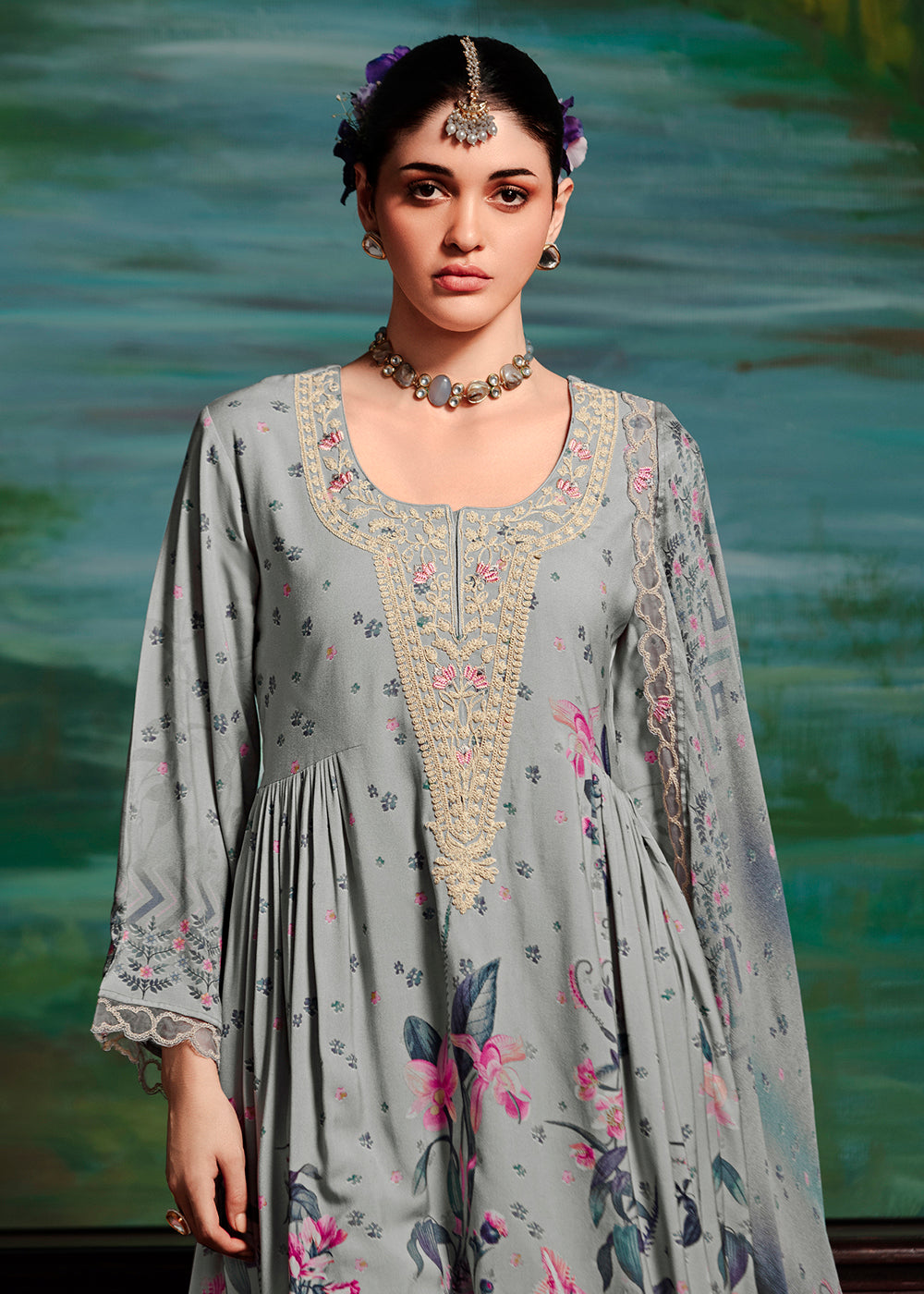 Buy Now Grey Embroidered Muslin Festive Style Salwar Suit Online in USA, UK, Canada, Germany, Italy, France, Austria & Worldwide at Empress Clothing.