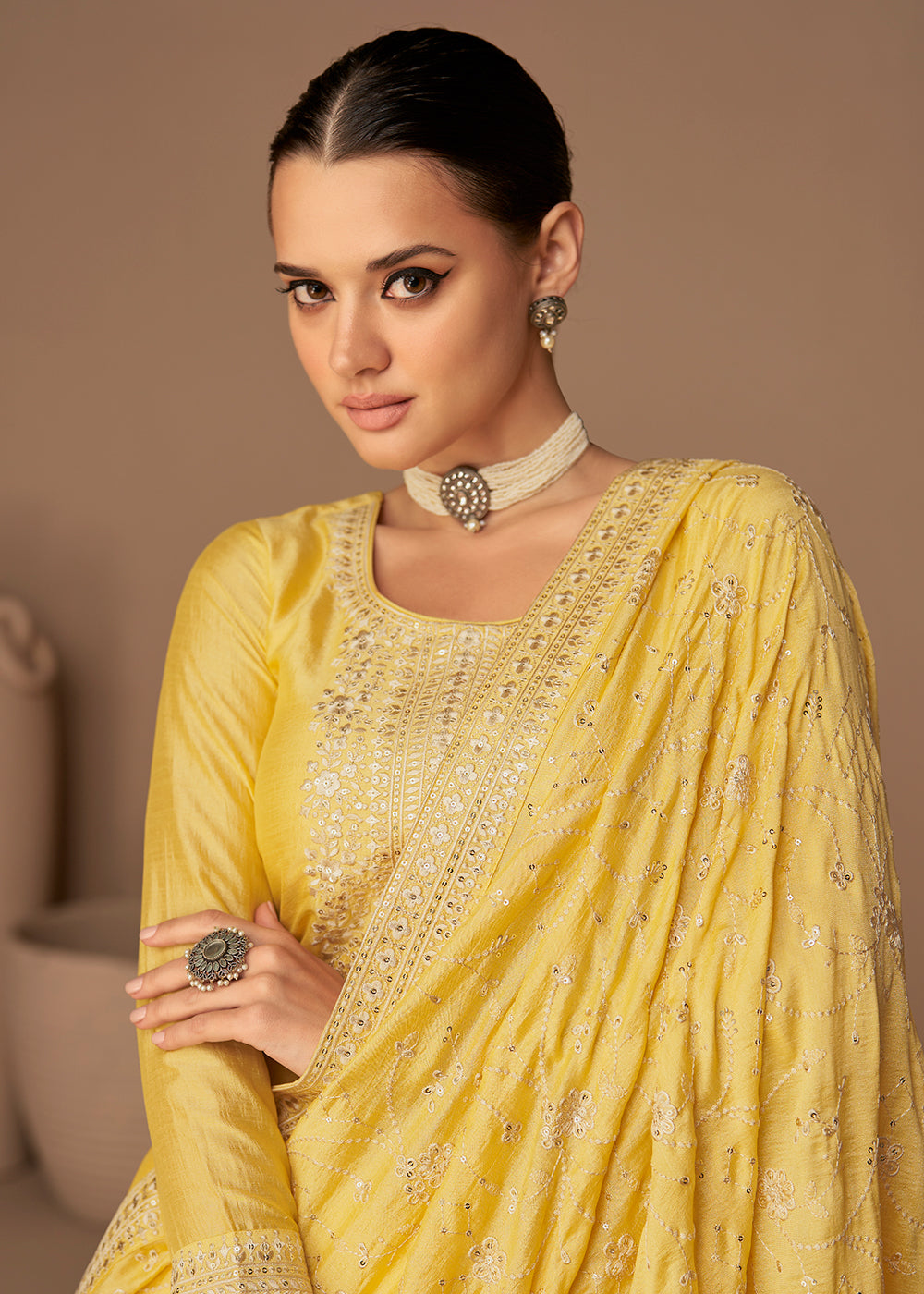 Buy Now Beautiful Bright Yellow & Gold Embroidered Premium Silk Salwar Suit Online in USA, UK, Canada, Germany, Australia & Worldwide at Empress Clothing.