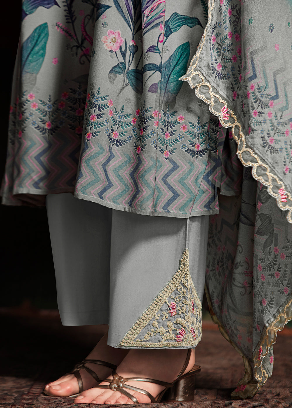 Buy Now Grey Embroidered Muslin Festive Style Salwar Suit Online in USA, UK, Canada, Germany, Italy, France, Austria & Worldwide at Empress Clothing.