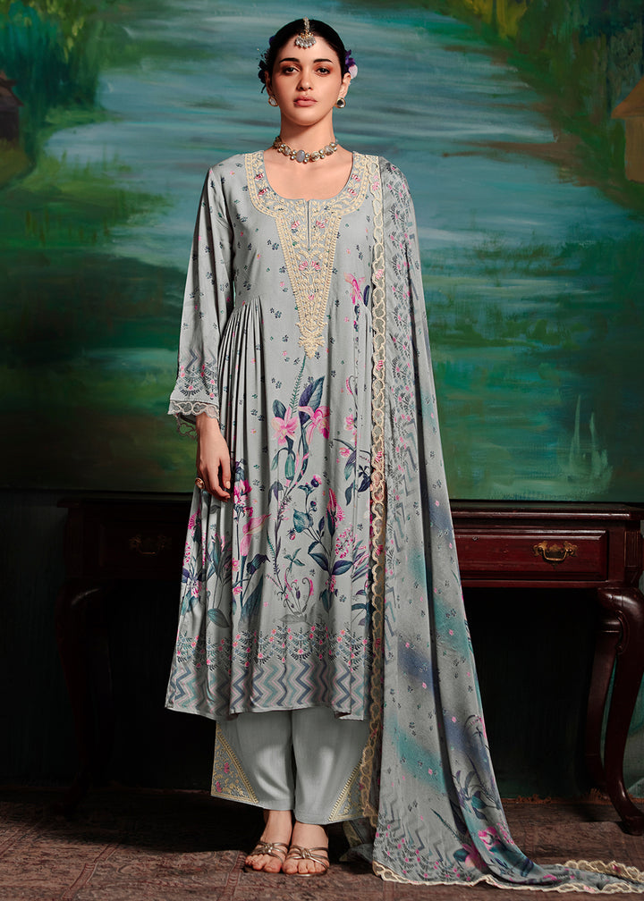 Buy Now Grey Embroidered Muslin Festive Style Salwar Suit Online in USA, UK, Canada, Germany, Italy, France, Austria & Worldwide at Empress Clothing.