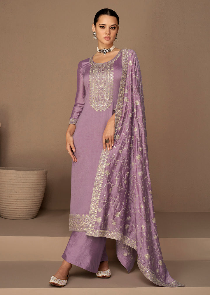 Buy Now Beautiful Lavender & Gold Embroidered Premium Silk Salwar Suit Online in USA, UK, Canada, Germany, Australia & Worldwide at Empress Clothing. 