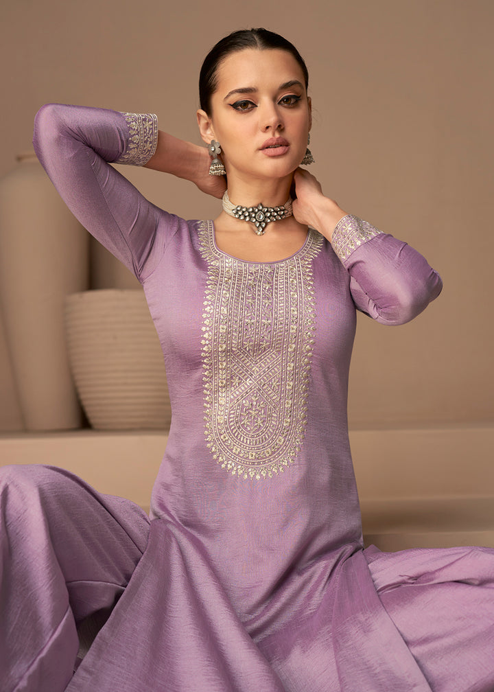 Buy Now Beautiful Lavender & Gold Embroidered Premium Silk Salwar Suit Online in USA, UK, Canada, Germany, Australia & Worldwide at Empress Clothing. 