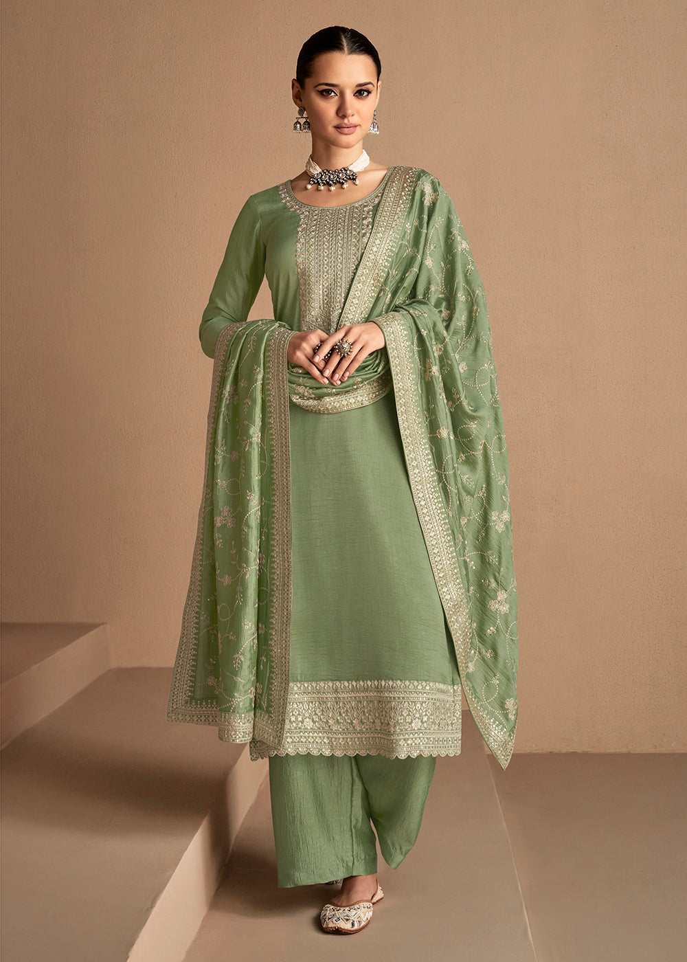 Buy Now Beautiful Soft Green & Gold Embroidered Premium Silk Salwar Suit Online in USA, UK, Canada, Germany, Australia & Worldwide at Empress Clothing. 