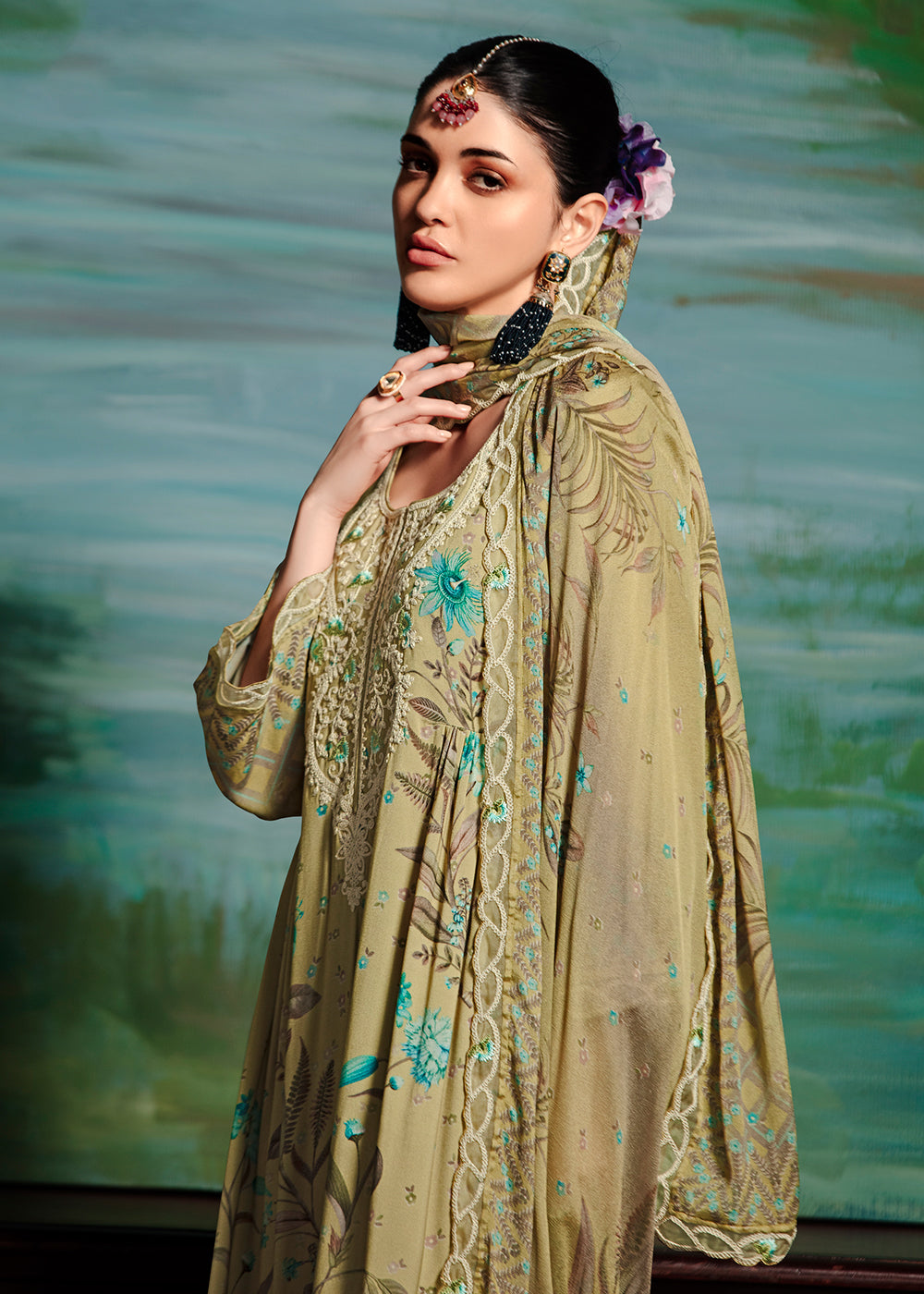 Buy Now Green Embroidered Muslin Festive Style Salwar Suit Online in USA, UK, Canada, Germany, Italy, France, Austria & Worldwide at Empress Clothing.