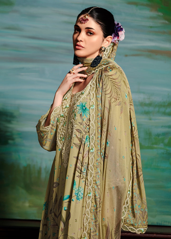 Buy Now Green Embroidered Muslin Festive Style Salwar Suit Online in USA, UK, Canada, Germany, Italy, France, Austria & Worldwide at Empress Clothing.