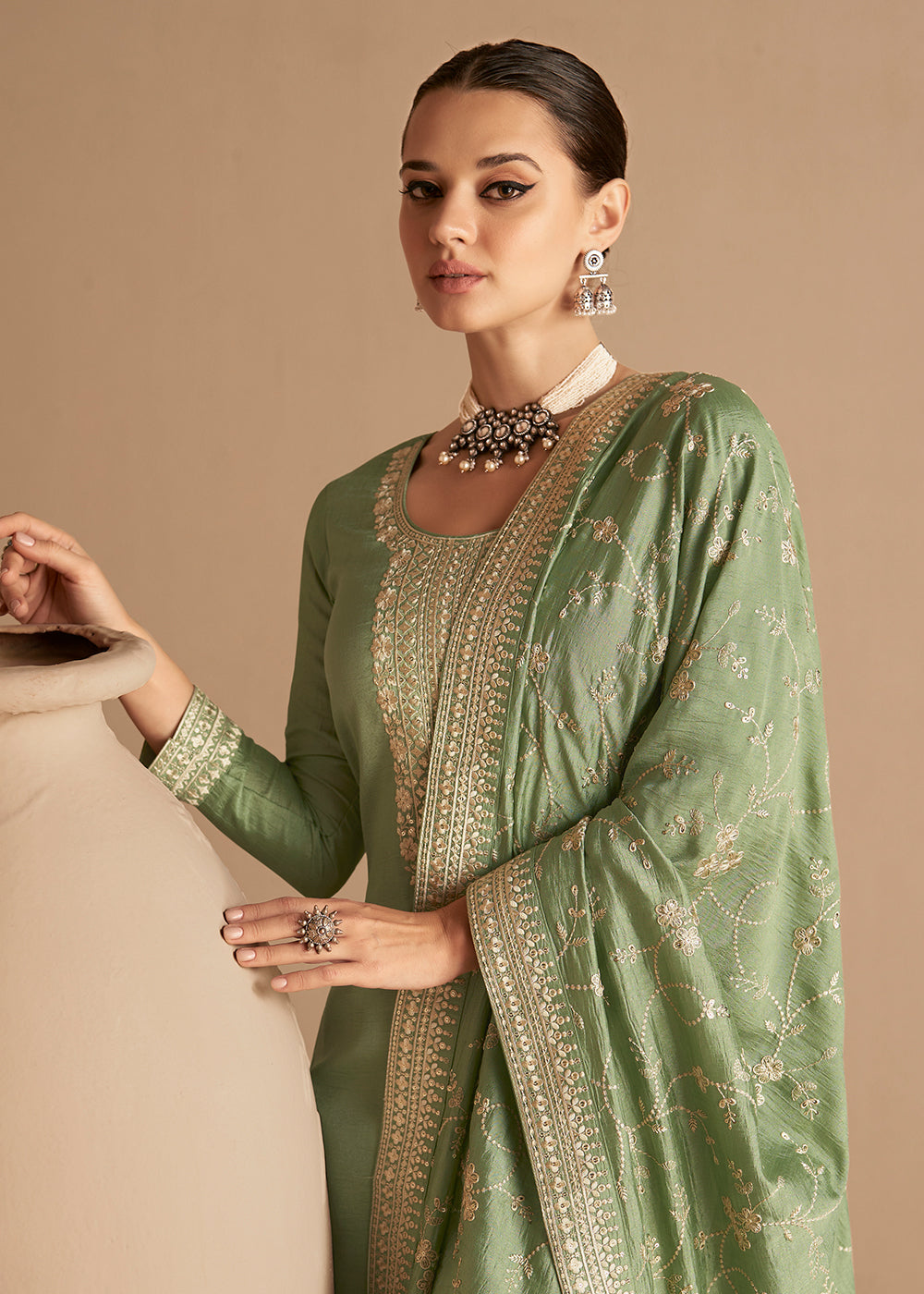 Buy Now Beautiful Soft Green & Gold Embroidered Premium Silk Salwar Suit Online in USA, UK, Canada, Germany, Australia & Worldwide at Empress Clothing. 