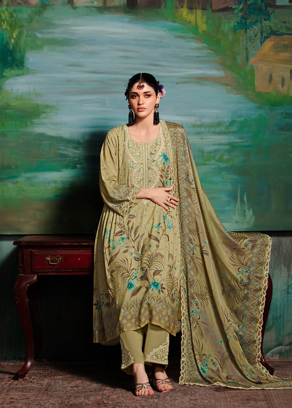 Buy Now Green Embroidered Muslin Festive Style Salwar Suit Online in USA, UK, Canada, Germany, Italy, France, Austria & Worldwide at Empress Clothing.