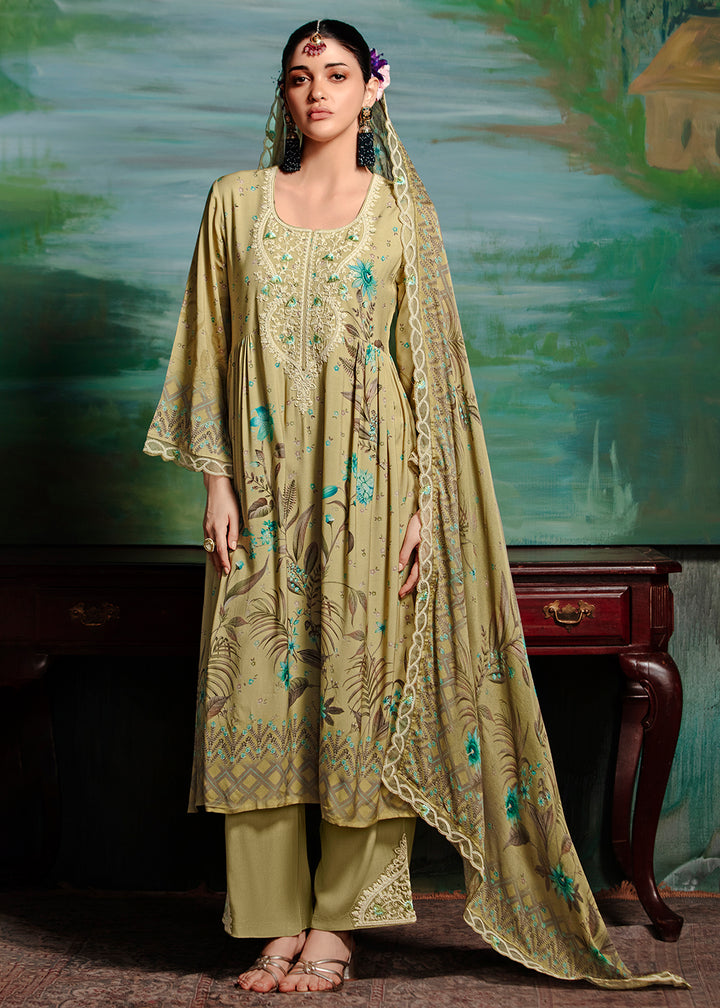 Buy Now Green Embroidered Muslin Festive Style Salwar Suit Online in USA, UK, Canada, Germany, Italy, France, Austria & Worldwide at Empress Clothing.