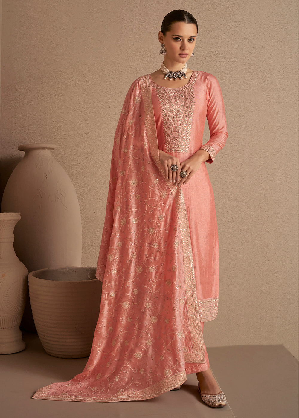 Buy Now Beautiful Soft Peach & Gold Embroidered Premium Silk Salwar Suit Online in USA, UK, Canada, Germany, Australia & Worldwide at Empress Clothing.