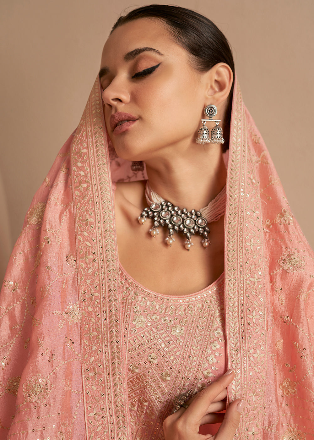 Buy Now Beautiful Soft Peach & Gold Embroidered Premium Silk Salwar Suit Online in USA, UK, Canada, Germany, Australia & Worldwide at Empress Clothing.