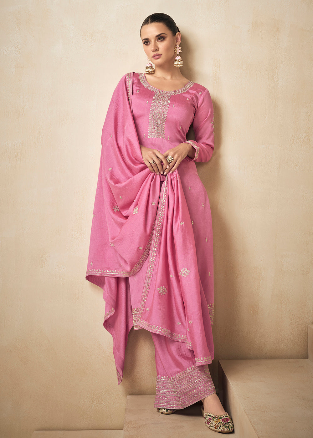 Buy Now Premium Silk Pretty Pink Embroidered Straight Palazzo Salwar Suit Online in USA, UK, Canada, Germany, Australia & Worldwide at Empress Clothing. 