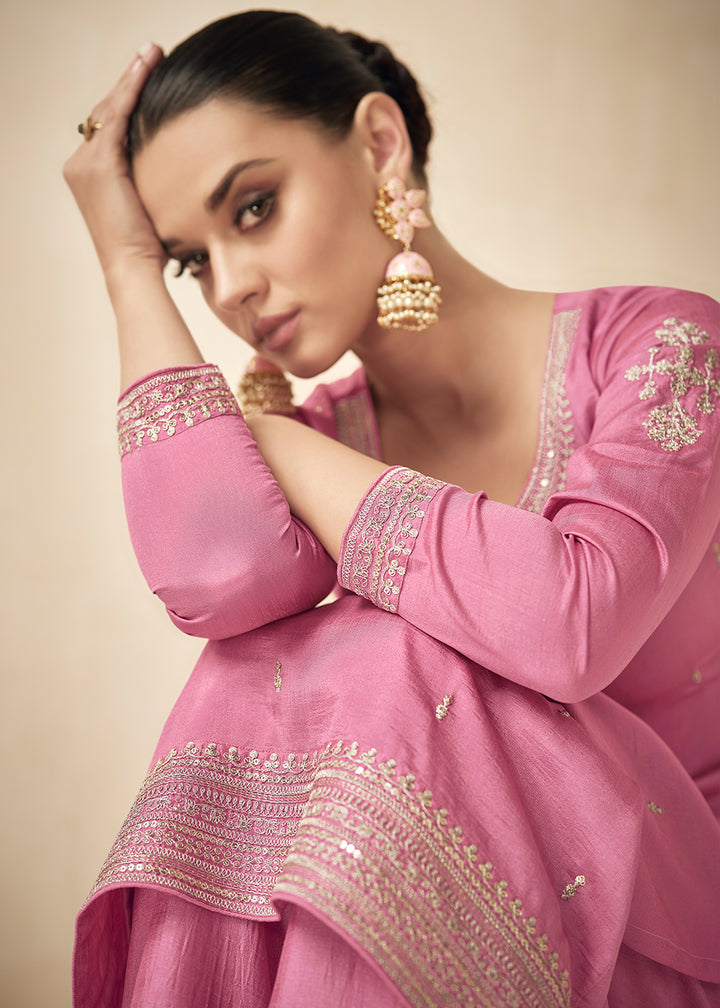 Buy Now Premium Silk Pretty Pink Embroidered Straight Palazzo Salwar Suit Online in USA, UK, Canada, Germany, Australia & Worldwide at Empress Clothing. 