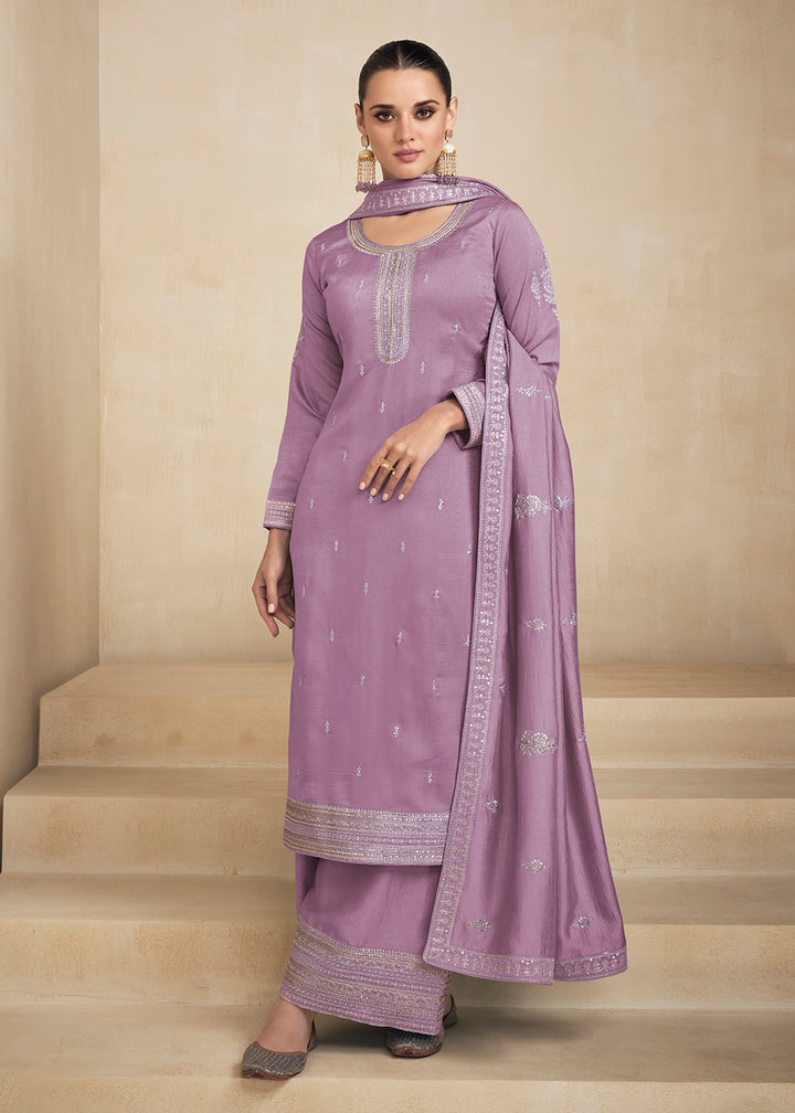 Buy Now Premium Silk Pretty Lavender Embroidered Straight Palazzo Salwar Suit Online in USA, UK, Canada, Germany, Australia & Worldwide at Empress Clothing