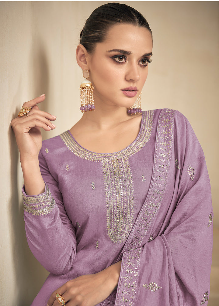 Buy Now Premium Silk Pretty Lavender Embroidered Straight Palazzo Salwar Suit Online in USA, UK, Canada, Germany, Australia & Worldwide at Empress Clothing