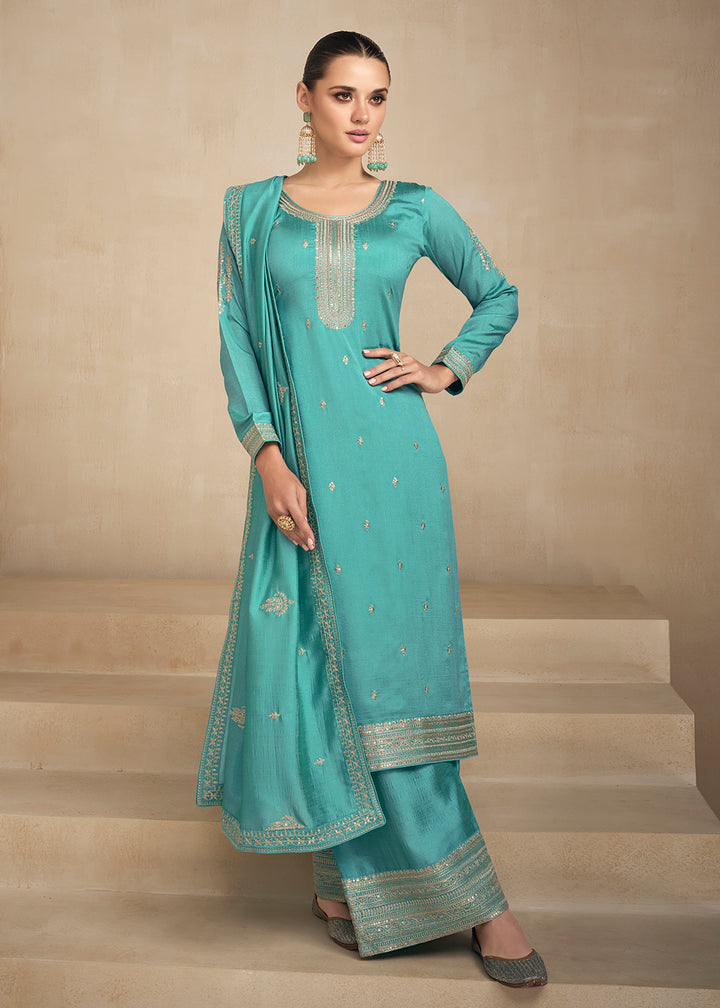 Buy Now Premium Silk Pretty Blue Embroidered Straight Palazzo Salwar Suit Online in USA, UK, Canada, Germany, Australia & Worldwide at Empress Clothing.