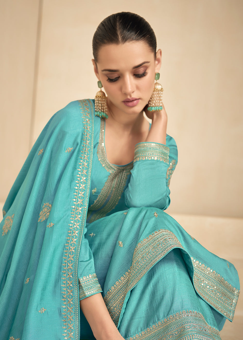 Buy Now Premium Silk Pretty Blue Embroidered Straight Palazzo Salwar Suit Online in USA, UK, Canada, Germany, Australia & Worldwide at Empress Clothing.