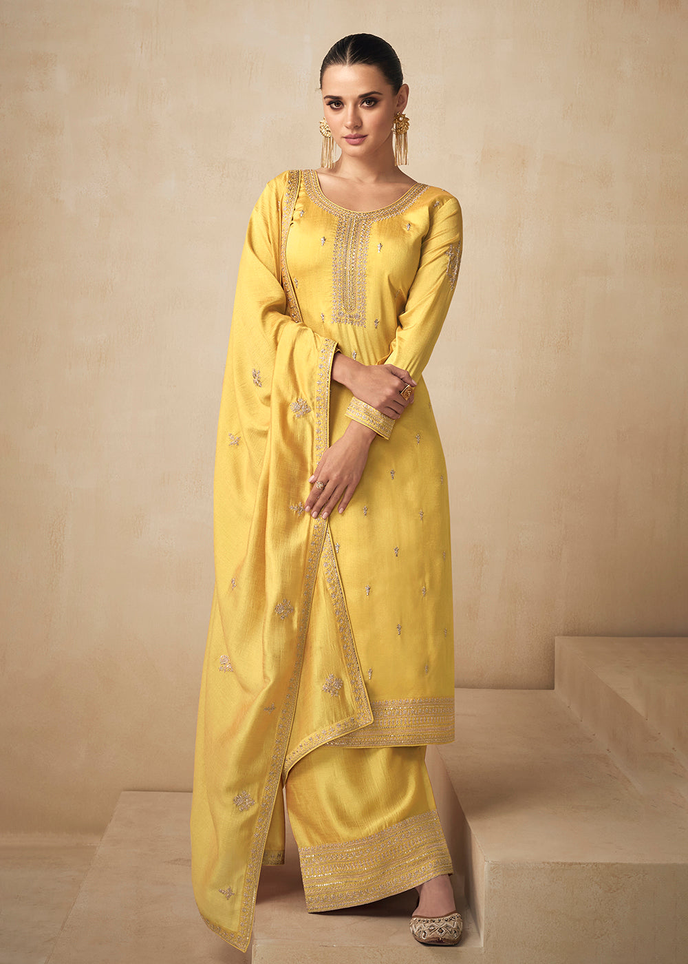 Buy Now Premium Silk Pretty Yellow Embroidered Straight Palazzo Salwar Suit Online in USA, UK, Canada, Germany, Australia & Worldwide at Empress Clothing.