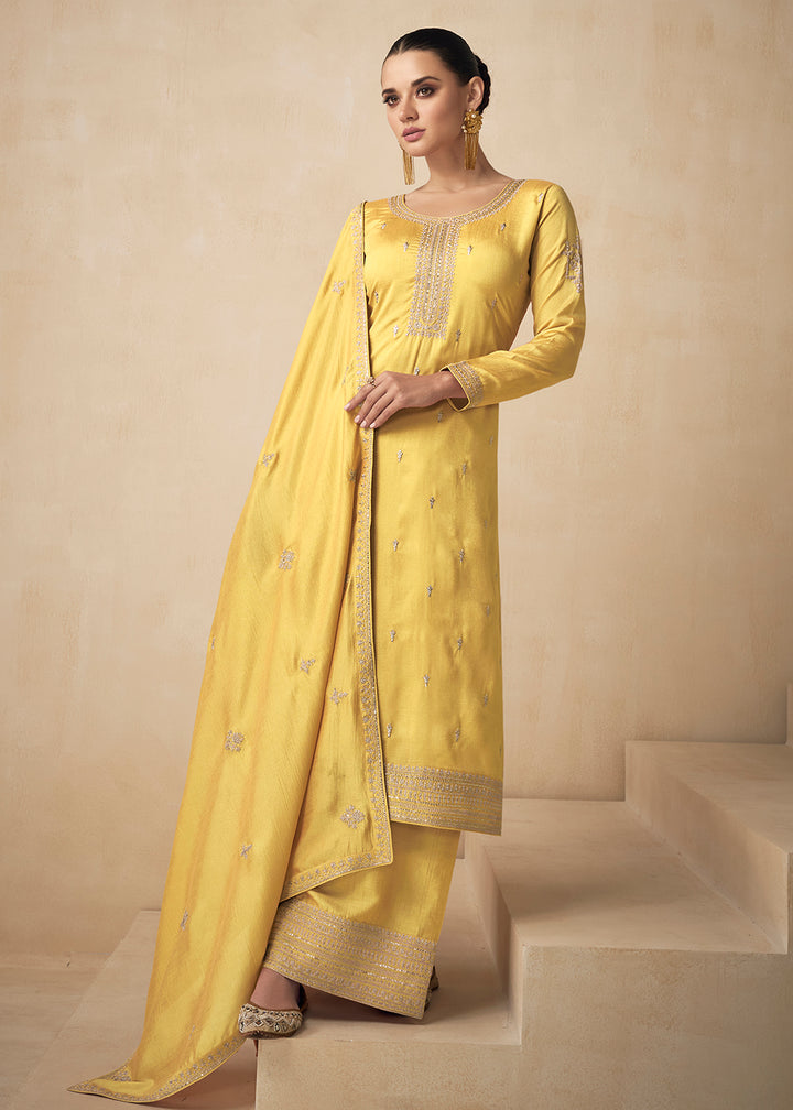 Buy Now Premium Silk Pretty Yellow Embroidered Straight Palazzo Salwar Suit Online in USA, UK, Canada, Germany, Australia & Worldwide at Empress Clothing.