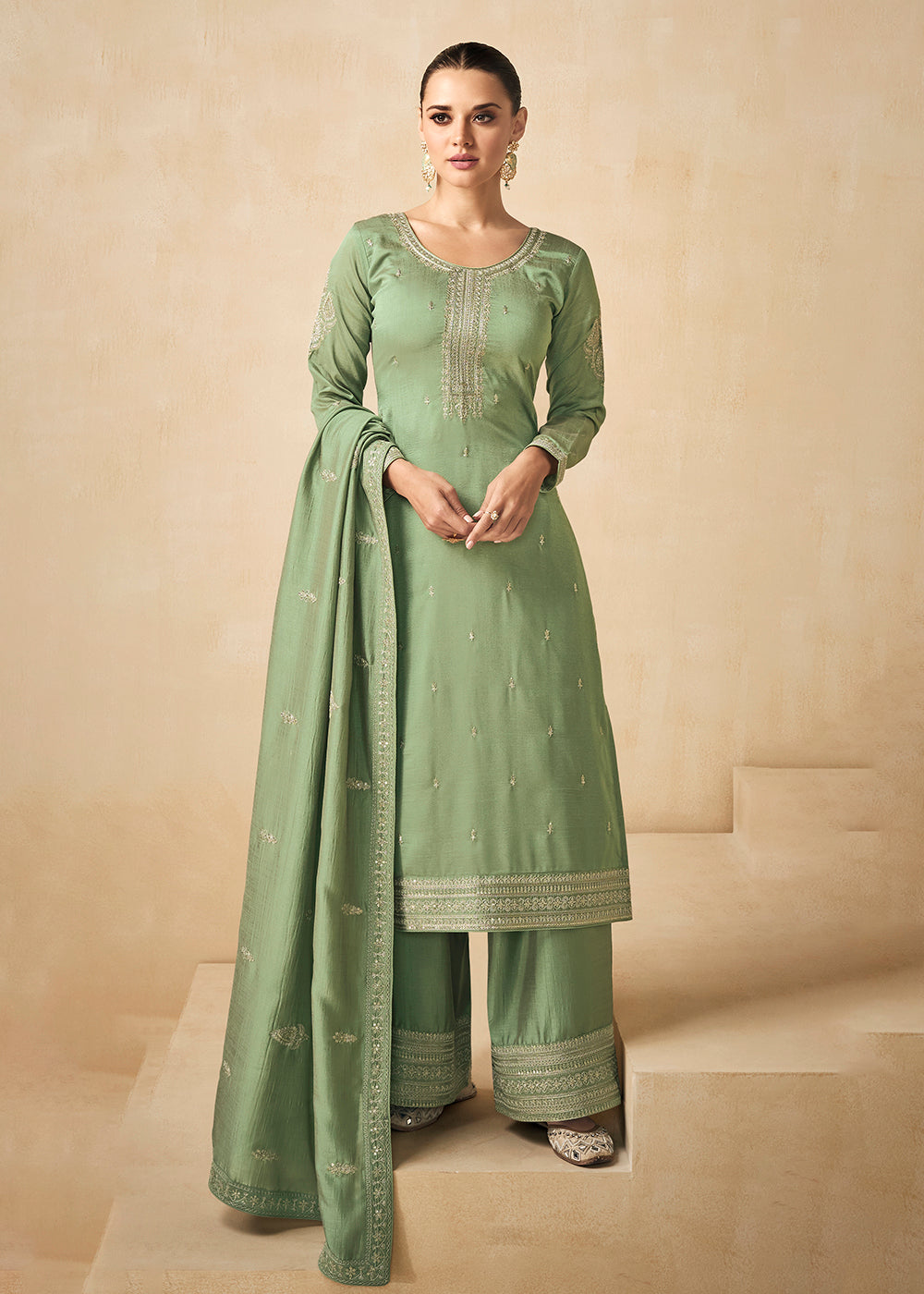 Buy Now Premium Silk Pretty Green Embroidered Straight Palazzo Salwar Suit Online in USA, UK, Canada, Germany, Australia & Worldwide at Empress Clothing. 