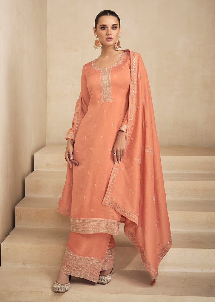 Buy Now Premium Silk Pretty Orange Embroidered Straight Palazzo Salwar Suit Online in USA, UK, Canada, Germany, Australia & Worldwide at Empress Clothing
