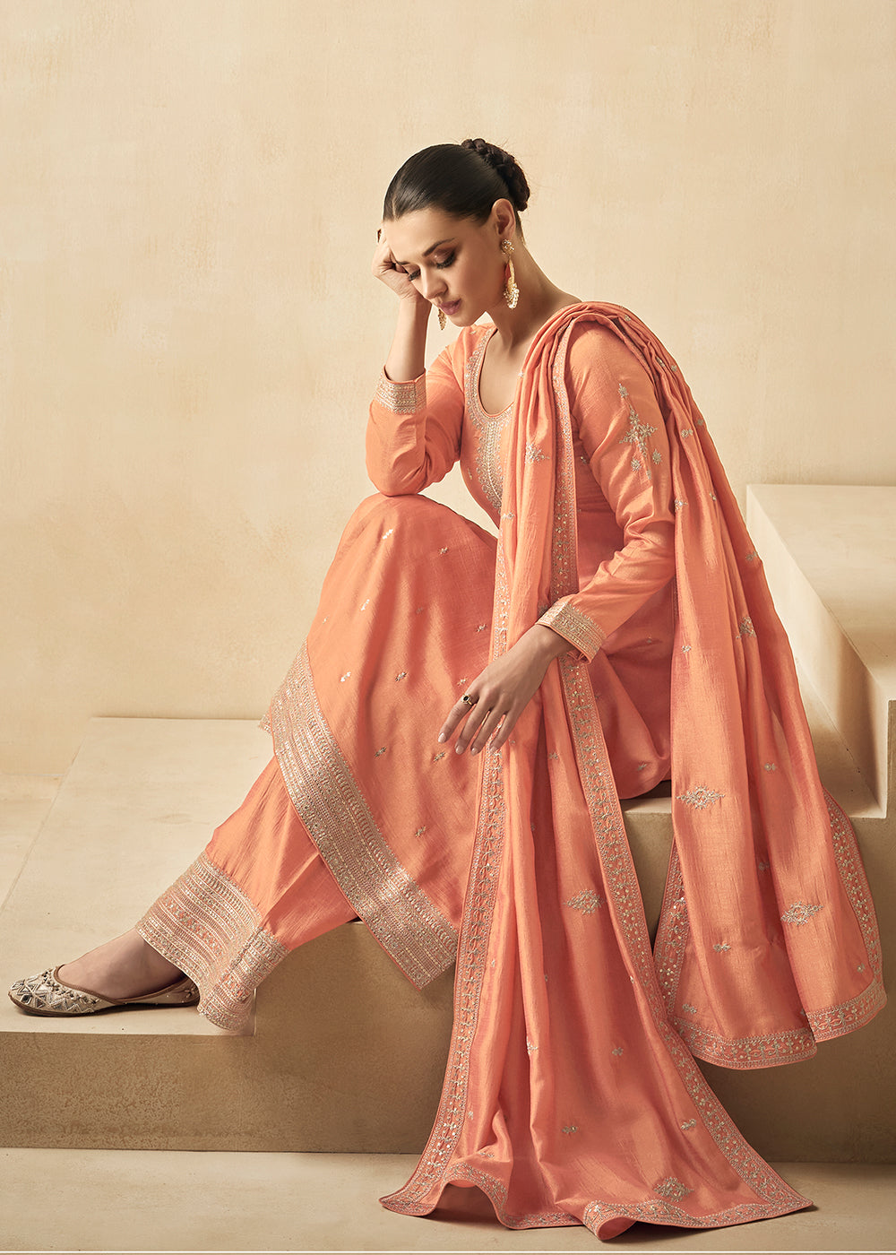 Buy Now Premium Silk Pretty Orange Embroidered Straight Palazzo Salwar Suit Online in USA, UK, Canada, Germany, Australia & Worldwide at Empress Clothing