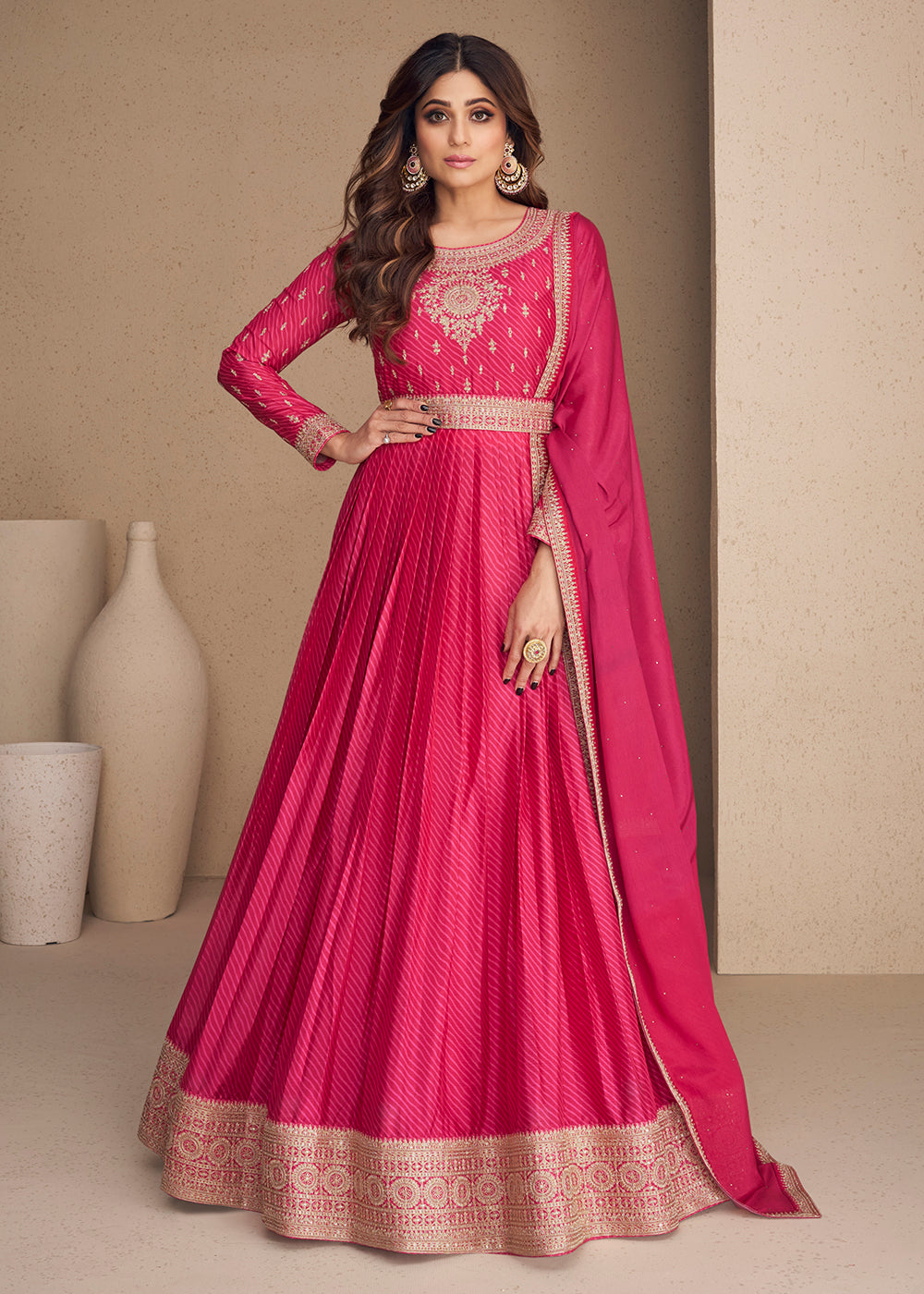 Engagement Anarkali - Alluring Chinon Silk Pink Embroidered Anarkali Empress Clothing Engagement Anarkali - Alluring Chinon Silk Pink Embroidered Anarkali Empress Clothing