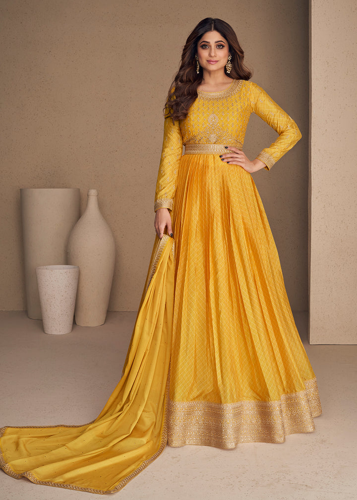 Buy Now Alluring Chinon Silk Yellow Embroidered Engagement Wear Anarkali Online in USA, UK, Australia, New Zealand, Canada & Worldwide at Empress Clothing.