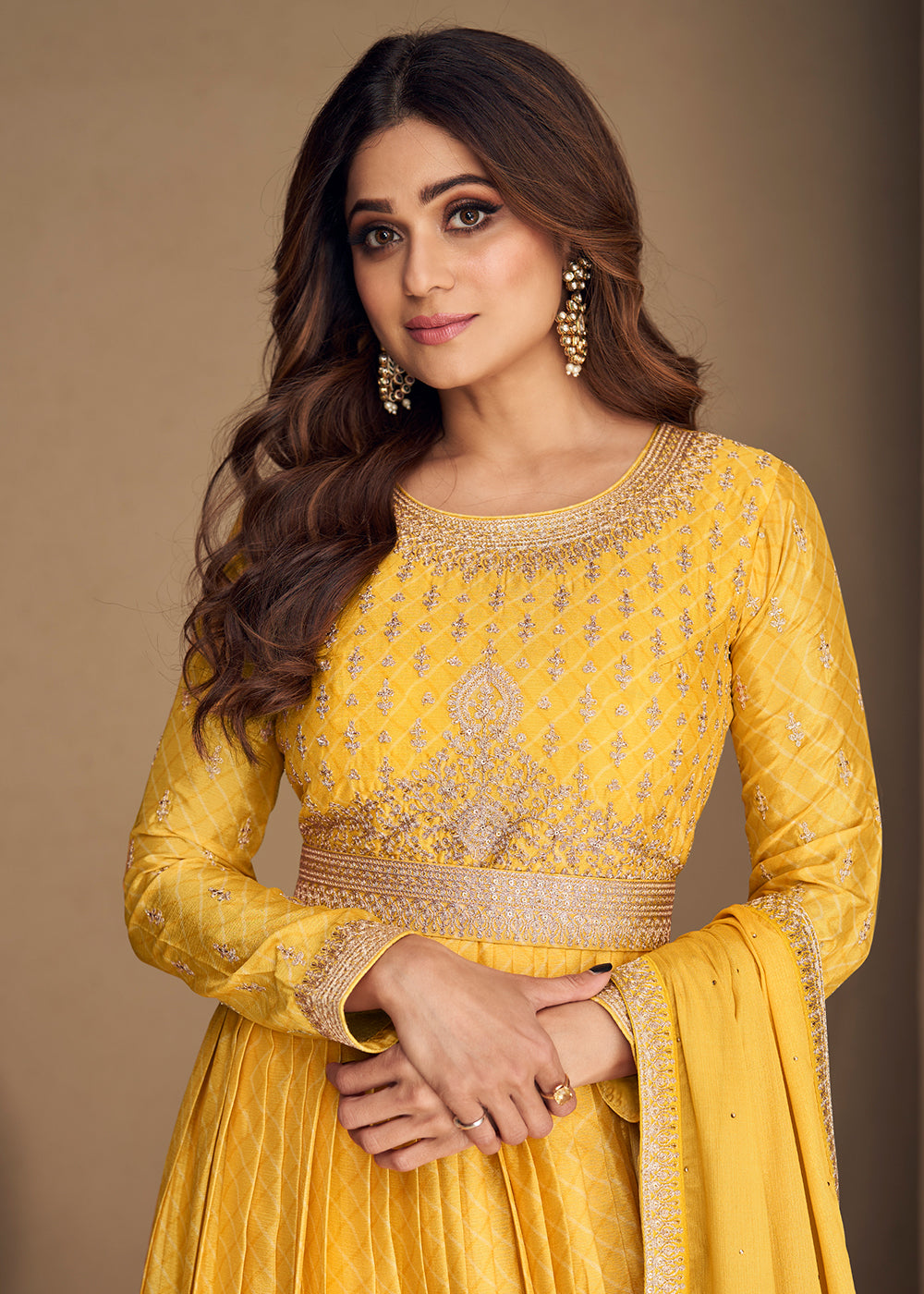 Buy Now Alluring Chinon Silk Yellow Embroidered Engagement Wear Anarkali Online in USA, UK, Australia, New Zealand, Canada & Worldwide at Empress Clothing.