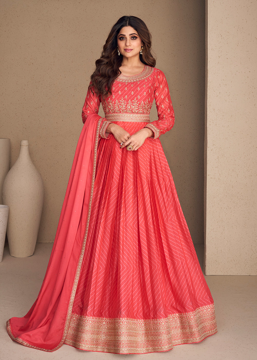 Buy Now Alluring Chinon Silk Peachy Orange Embroidered Engagement Wear Anarkali Online in USA, UK, Australia, New Zealand, Canada & Worldwide at Empress Clothing. 