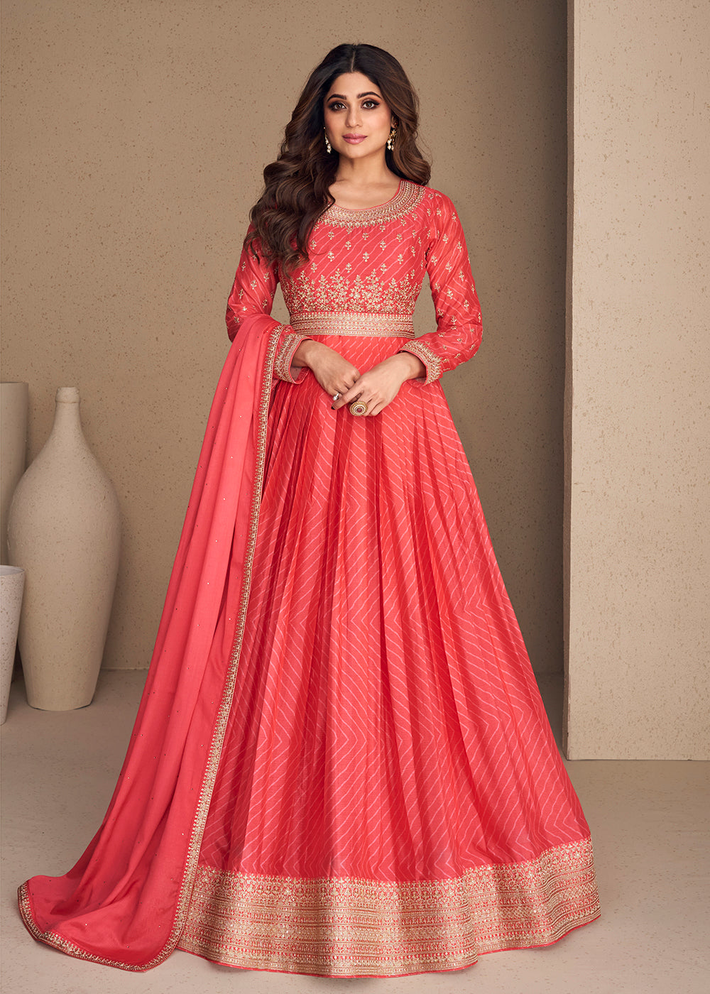 Engagement Anarkali - Alluring Chinon Silk Orange Embroidered Anarkali Empress Clothing Engagement Anarkali - Alluring Chinon Silk Orange Embroidered Anarkali Empress Clothing