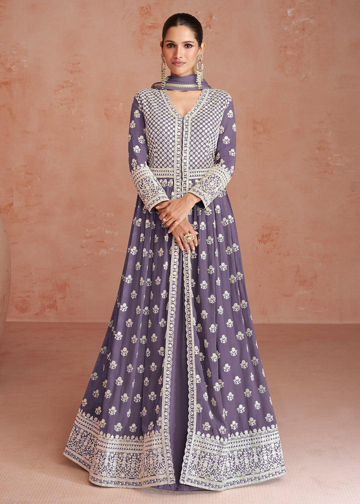 Buy Now Dusty Lavender Slit Style Embroidered Georgette Skirt Anarkali Suit Online in USA, UK, Australia, New Zealand, Canada, Italy & Worldwide at Empress Clothing. 