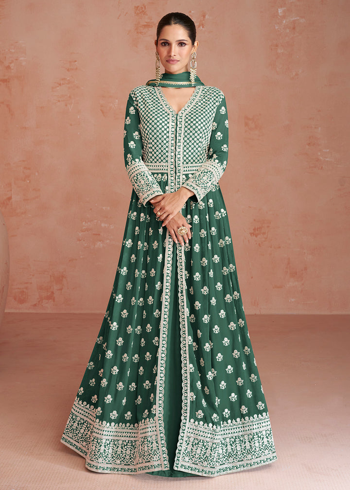 Buy Now Dusty Green Slit Style Embroidered Georgette Skirt Anarkali Suit Online in USA, UK, Australia, New Zealand, Canada, Italy & Worldwide at Empress Clothing.