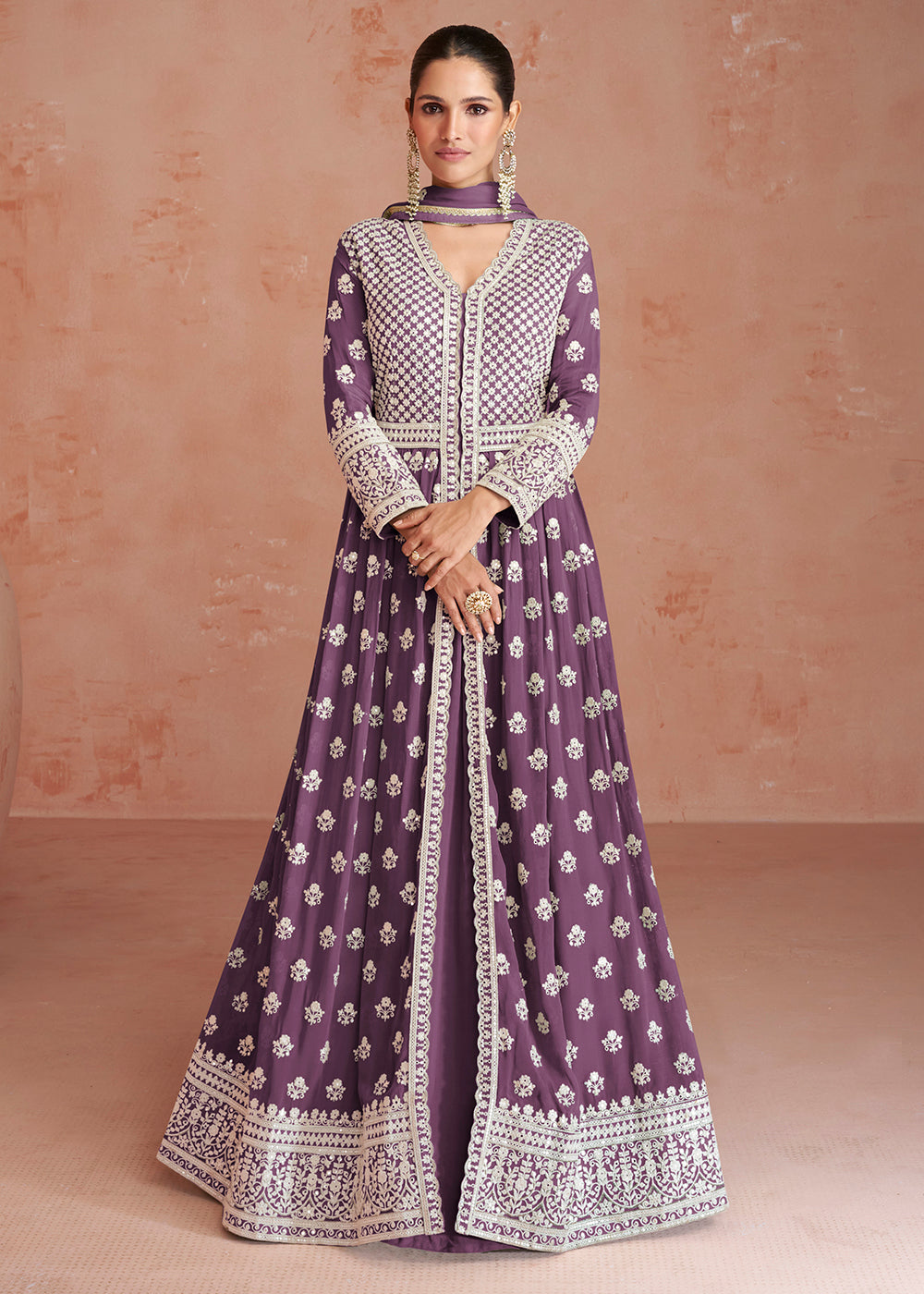 Buy Now Plum Purple Slit Style Embroidered Georgette Skirt Anarkali Suit Online in USA, UK, Australia, New Zealand, Canada, Italy & Worldwide at Empress Clothing.