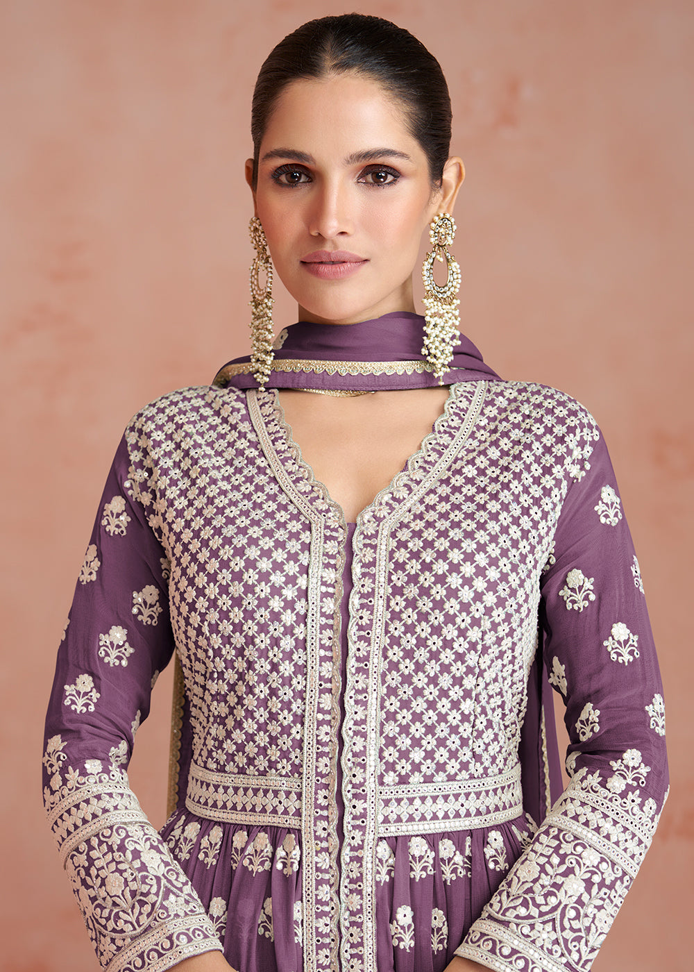 Buy Now Plum Purple Slit Style Embroidered Georgette Skirt Anarkali Suit Online in USA, UK, Australia, New Zealand, Canada, Italy & Worldwide at Empress Clothing.