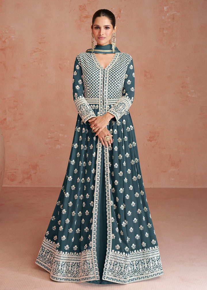 Buy Now Dusty Teal Blue Slit Style Embroidered Georgette Skirt Anarkali Suit Online in USA, UK, Australia, New Zealand, Canada, Italy & Worldwide at Empress Clothing. 