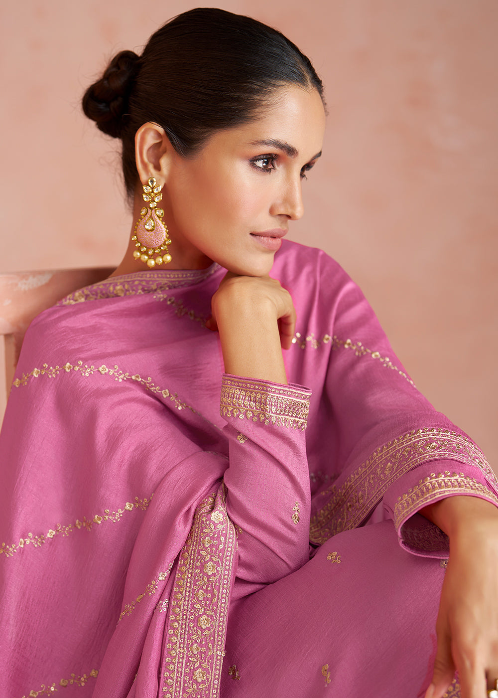 Buy Now Elegant Soft Pink Silk Embroidered Palazzo Salwar Kameez Online in USA, UK, Canada, Germany, Australia & Worldwide at Empress Clothing.