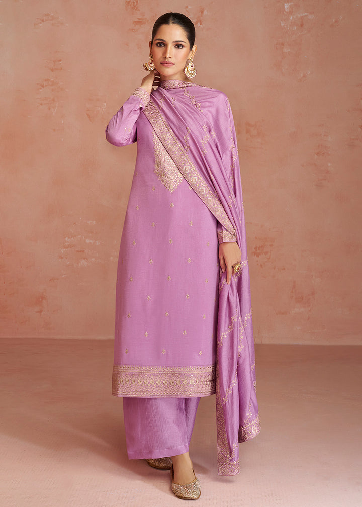 Buy Now Elegant Lavender Pink Silk Embroidered Palazzo Salwar Kameez Online in USA, UK, Canada, Germany, Australia & Worldwide at Empress Clothing. 