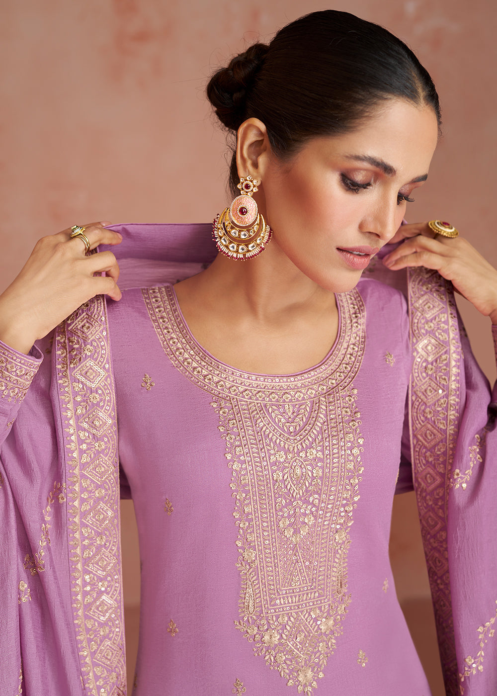 Buy Now Elegant Lavender Pink Silk Embroidered Palazzo Salwar Kameez Online in USA, UK, Canada, Germany, Australia & Worldwide at Empress Clothing. 