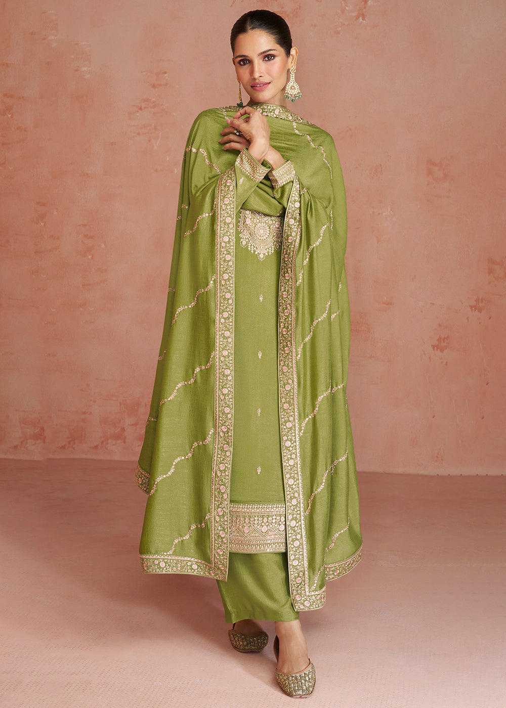 Buy Now Elegant Lime Green Silk Embroidered Palazzo Salwar Kameez Online in USA, UK, Canada, Germany, Australia & Worldwide at Empress Clothing. 