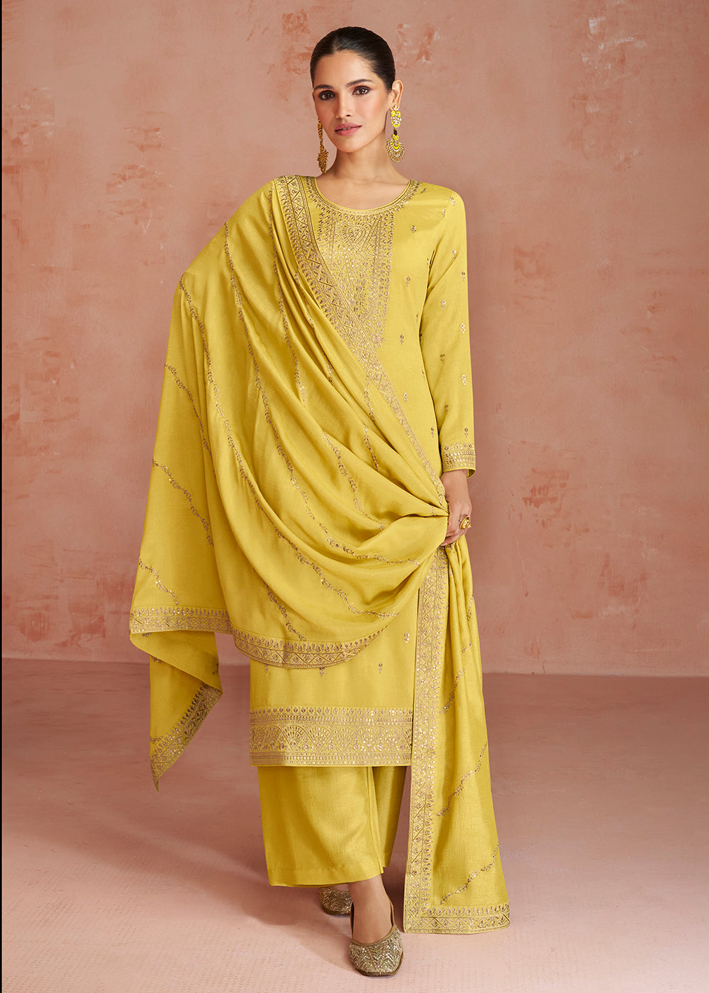 Buy Now Elegant Yellow Silk Embroidered Palazzo Salwar Kameez Online in USA, UK, Canada, Germany, Australia & Worldwide at Empress Clothing.
