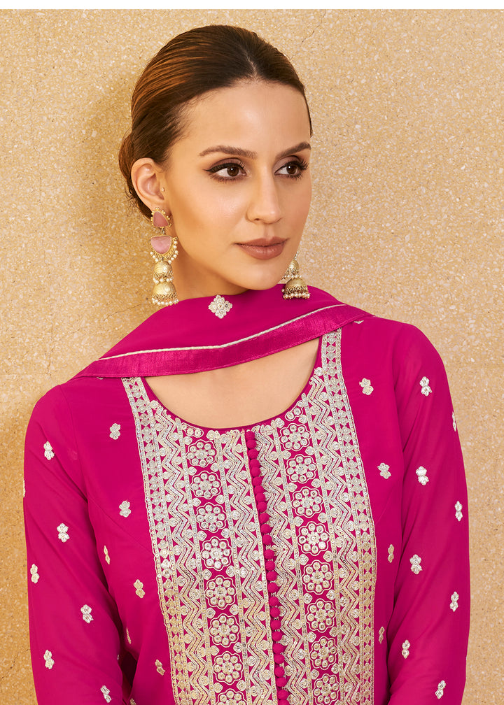 Buy Now Supreme Hot Pink Real Georgette Palazzo Style Salwar Suit Online in USA, UK, Canada, Germany, Australia & Worldwide at Empress Clothing.