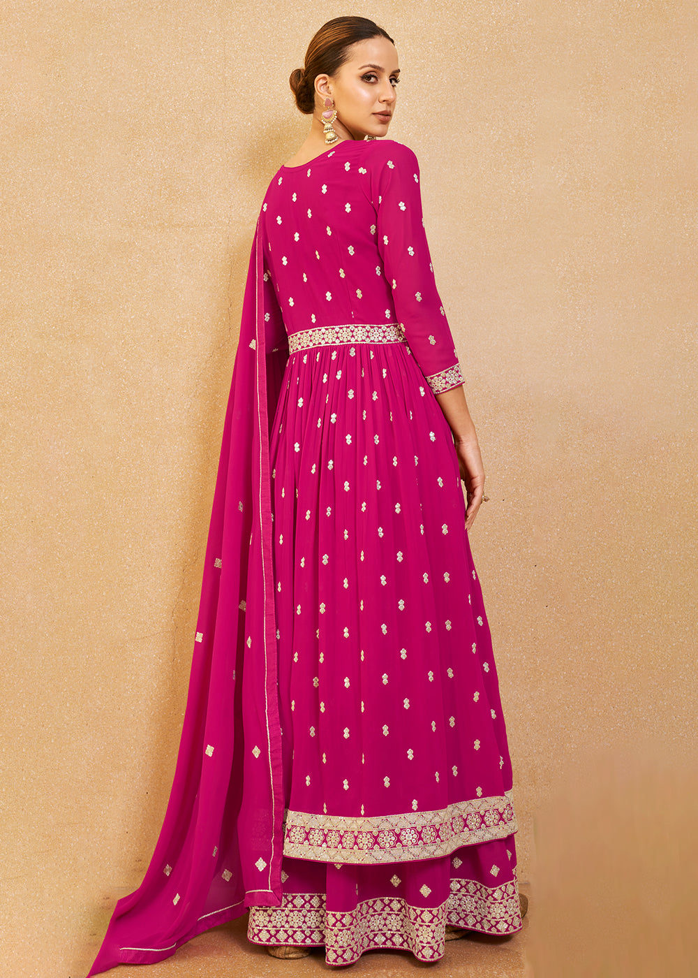 Buy Now Supreme Hot Pink Real Georgette Palazzo Style Salwar Suit Online in USA, UK, Canada, Germany, Australia & Worldwide at Empress Clothing.