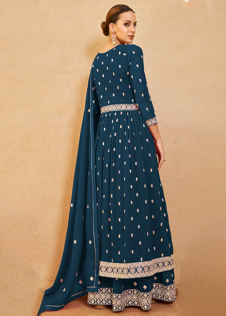 Buy Now Excellent Teal Blue Real Georgette Palazzo Style Salwar Suit Online in USA, UK, Canada, Germany, Australia & Worldwide at Empress Clothing. 