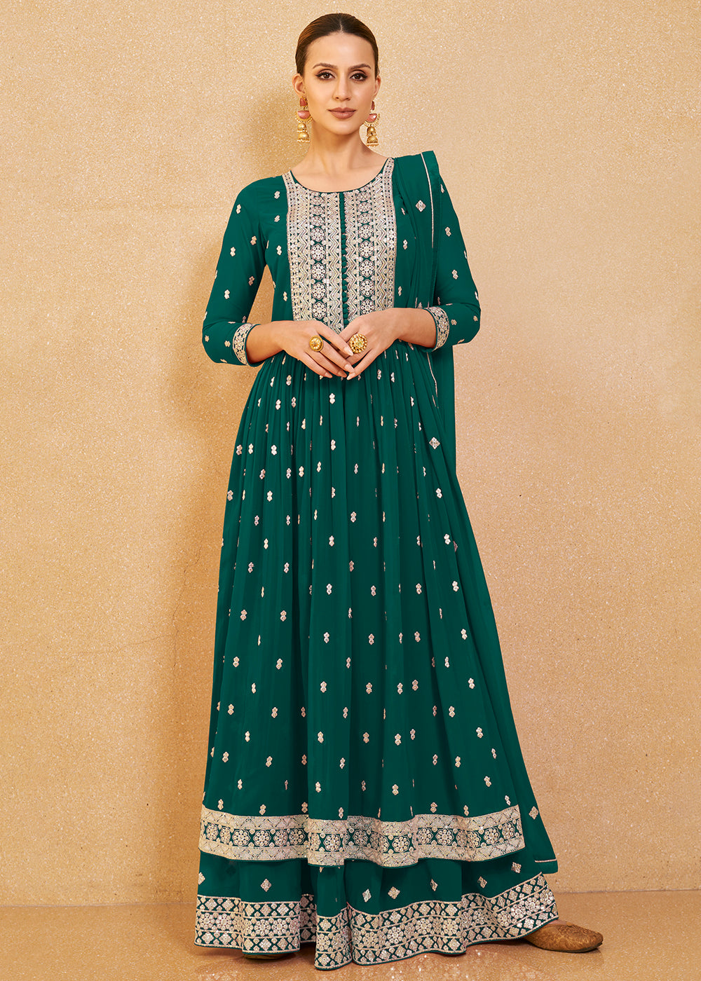 Buy Now Tempting Green Real Georgette Palazzo Style Salwar Suit Online in USA, UK, Canada, Germany, Australia & Worldwide at Empress Clothing. 