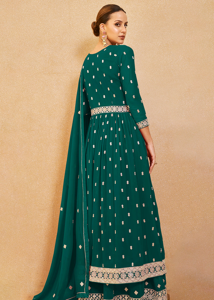 Buy Now Tempting Green Real Georgette Palazzo Style Salwar Suit Online in USA, UK, Canada, Germany, Australia & Worldwide at Empress Clothing. 