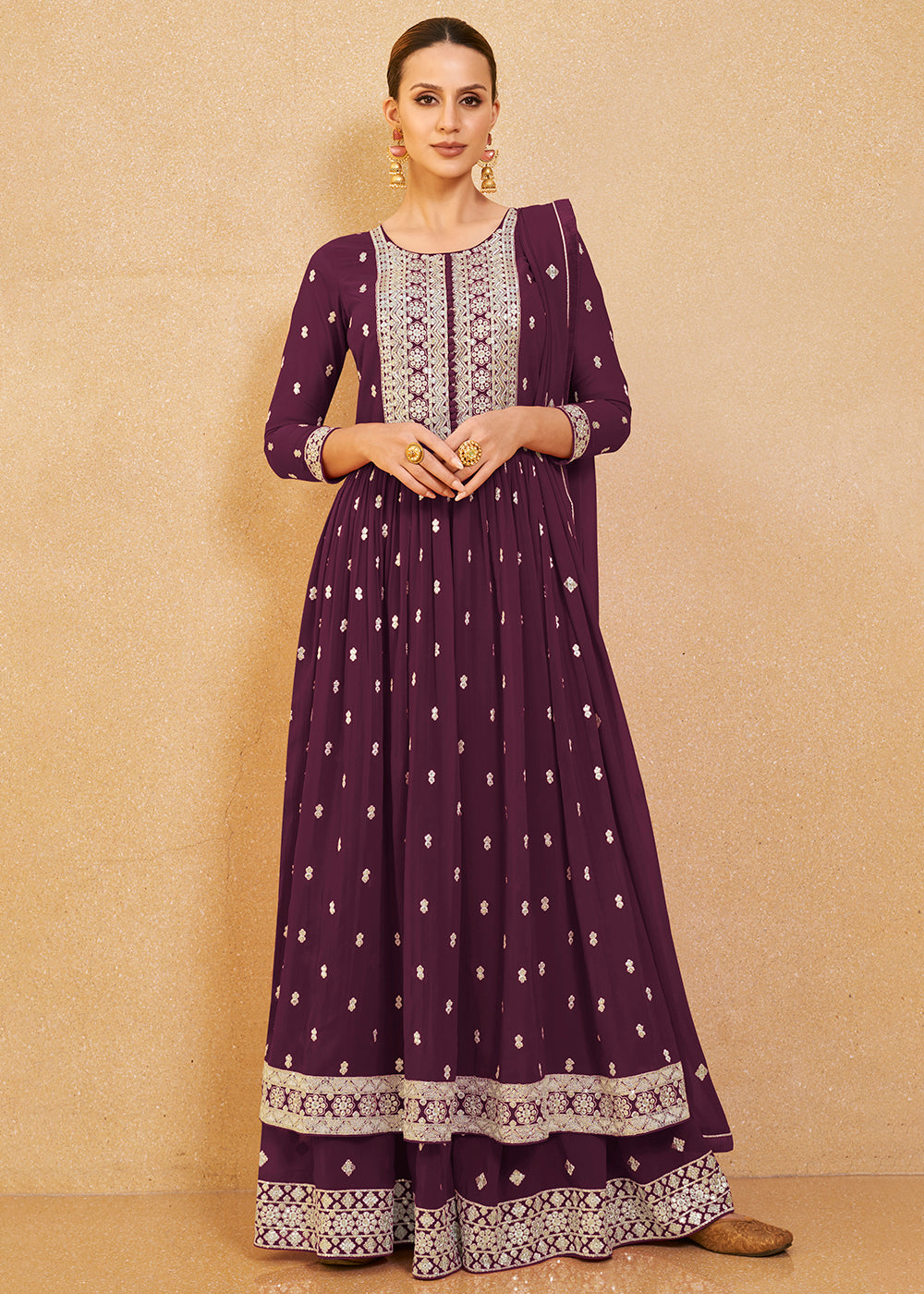 Buy Now Charming Wine Real Georgette Palazzo Style Salwar Suit Online in USA, UK, Canada, Germany, Australia & Worldwide at Empress Clothing.