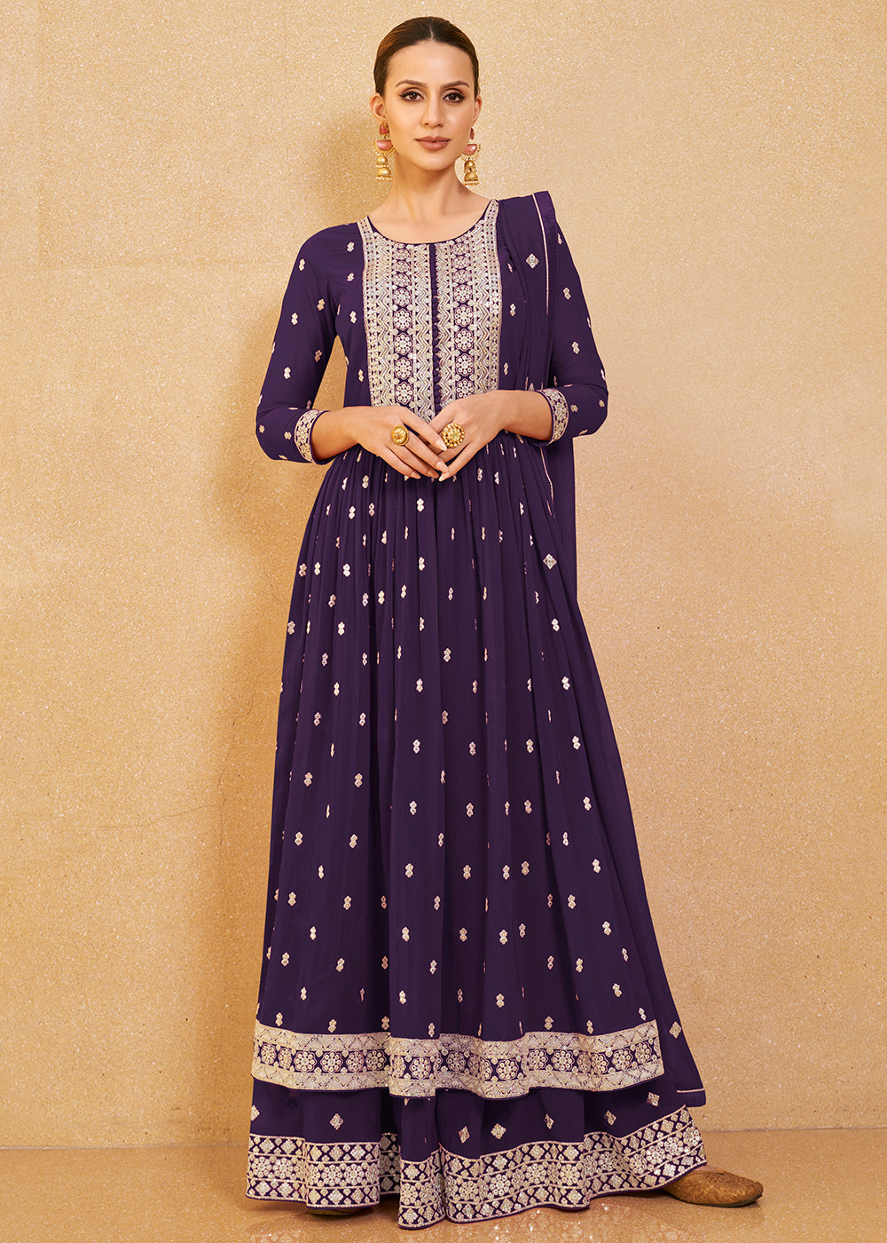 Buy Now Pretty Purple Real Georgette Palazzo Style Salwar Suit Online in USA, UK, Canada, Germany, Australia & Worldwide at Empress Clothing. 