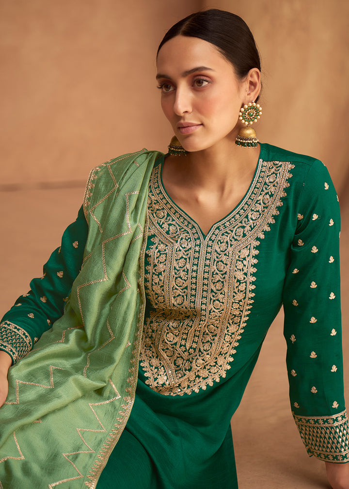 Buy Now Premium Silk Dark Green Festive Wear Palazzo Salwar Suit Online in USA, UK, Canada, Germany, Australia & Worldwide at Empress Clothing.