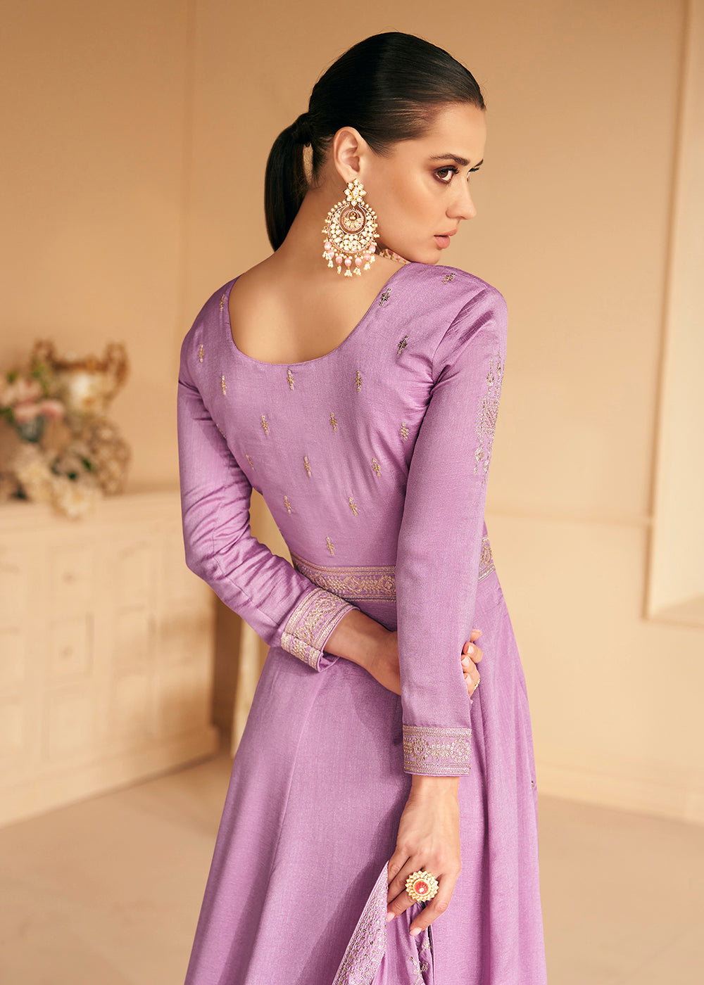 Buy Now Embroidered Lavender Premium Silk Sangeet Wear Anarkali Suit Online in USA, UK, Australia, New Zealand, Canada & Worldwide at Empress Clothing. 