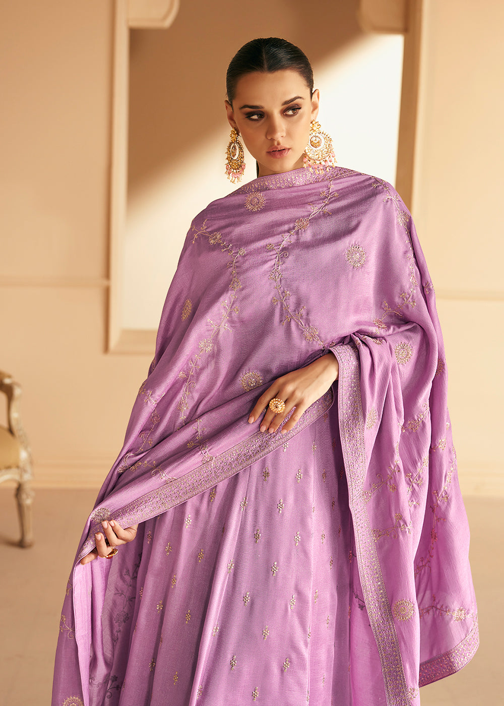 Buy Now Embroidered Lavender Premium Silk Sangeet Wear Anarkali Suit Online in USA, UK, Australia, New Zealand, Canada & Worldwide at Empress Clothing. 
